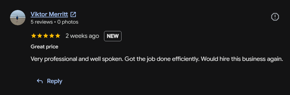 Google review from Viktor Merritt: very professional, job done efficiently